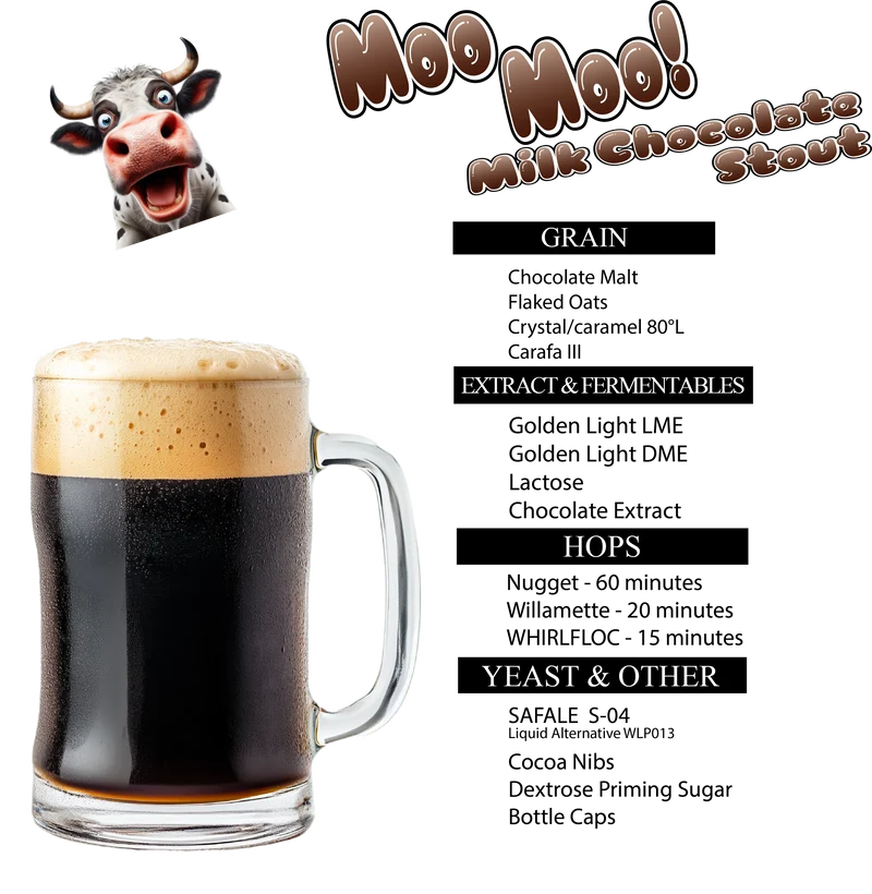Moo Moo Chocolate Milk Stout 5 Gallon Home Brew Recipe Kit