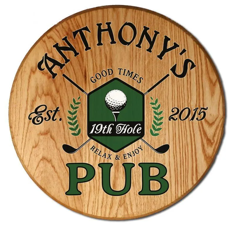 19th Hole Pub Barrel Head Sign - Personalized
