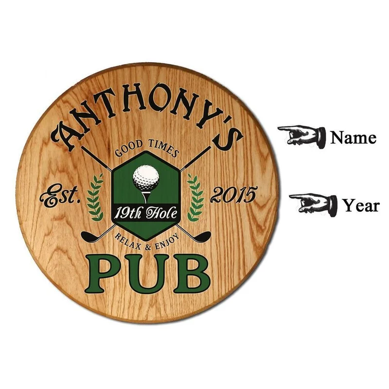 19th Hole Pub Barrel Head Sign - Personalized