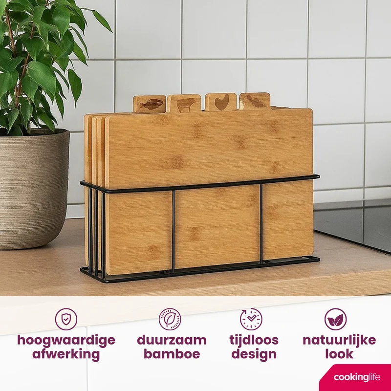 Set de planches à découper Cookinglife - en bambou - support en fer - 5 pièces