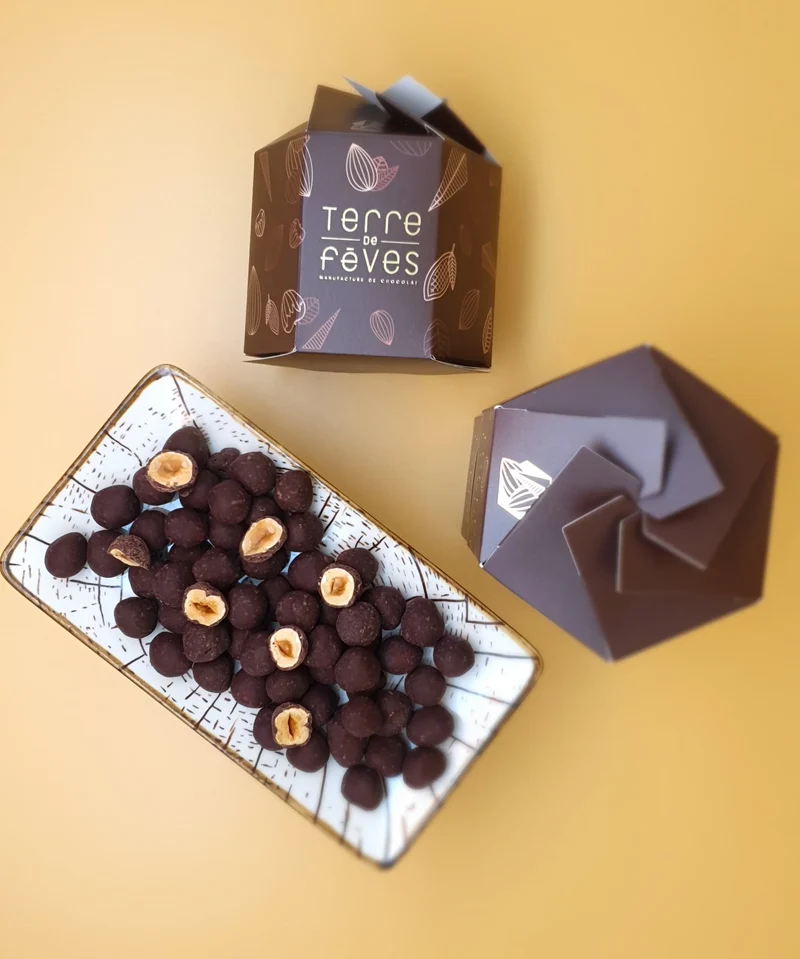 Les craquantes | Mélange de noisettes, amandes, et fèves, enrobées de chocolat noir
