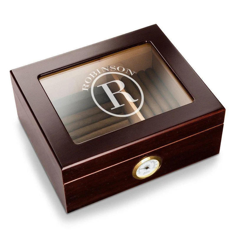 Monogrammed Triniad Glass Top Mahogany Humidor