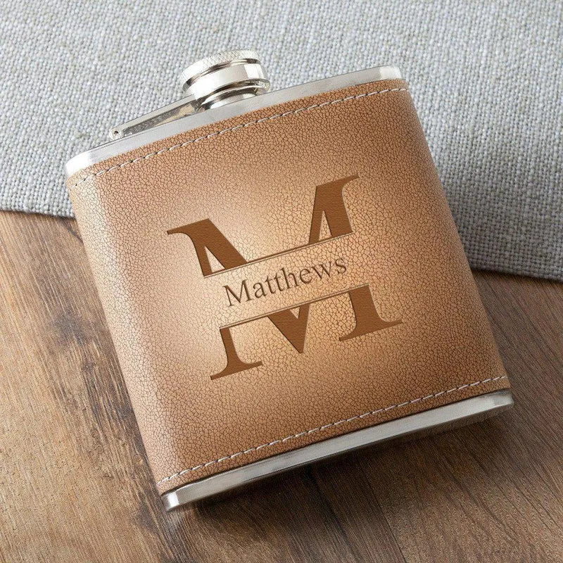 Monogrammed Tan Hide Stitched Flask