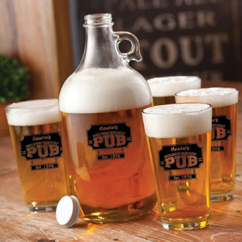 Glass Beer Growler and Pint Personalized Glass Set
