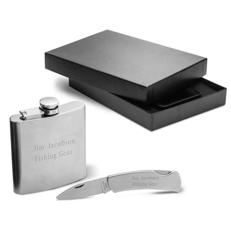 6oz Stainless Steel Flask & Lock Back Knife Personalized Gift Set