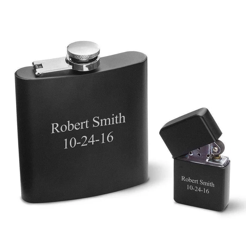Black Matte 6oz Flask and Lighter Personalized Gift Set