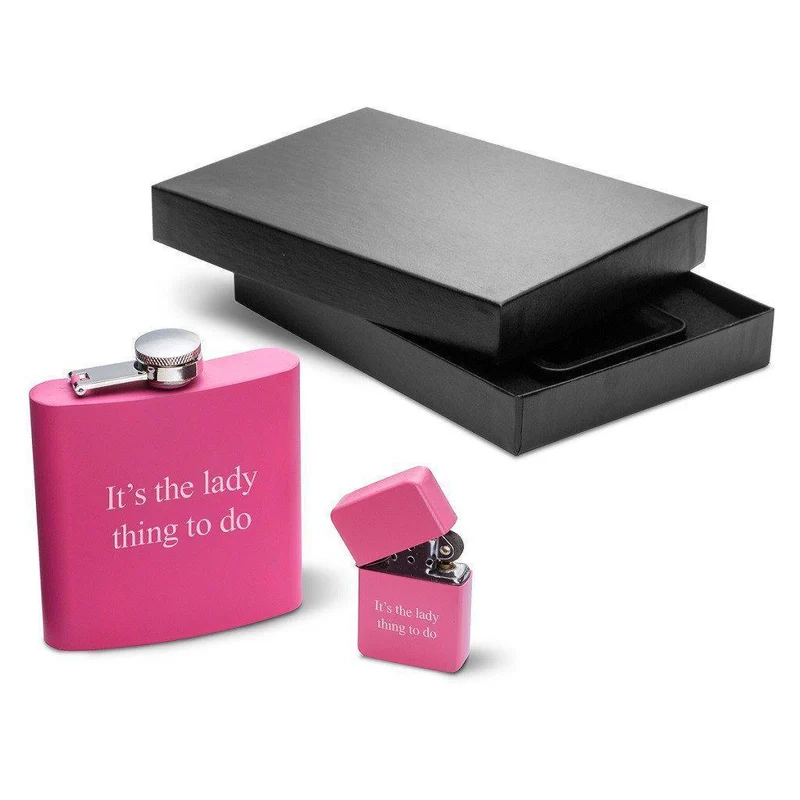 Pink 6oz Matte Flask & Lighter Personalized Gift Set