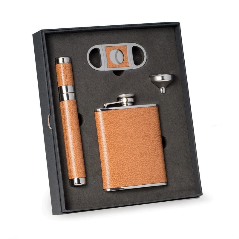 Leather Flask, Cigar Case and Cutter 4 Piece Set.