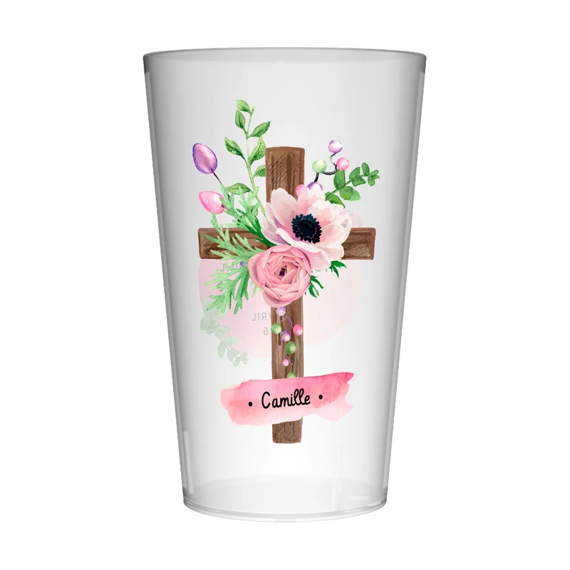 Gobelet personnalisé Communion Croix & Rose