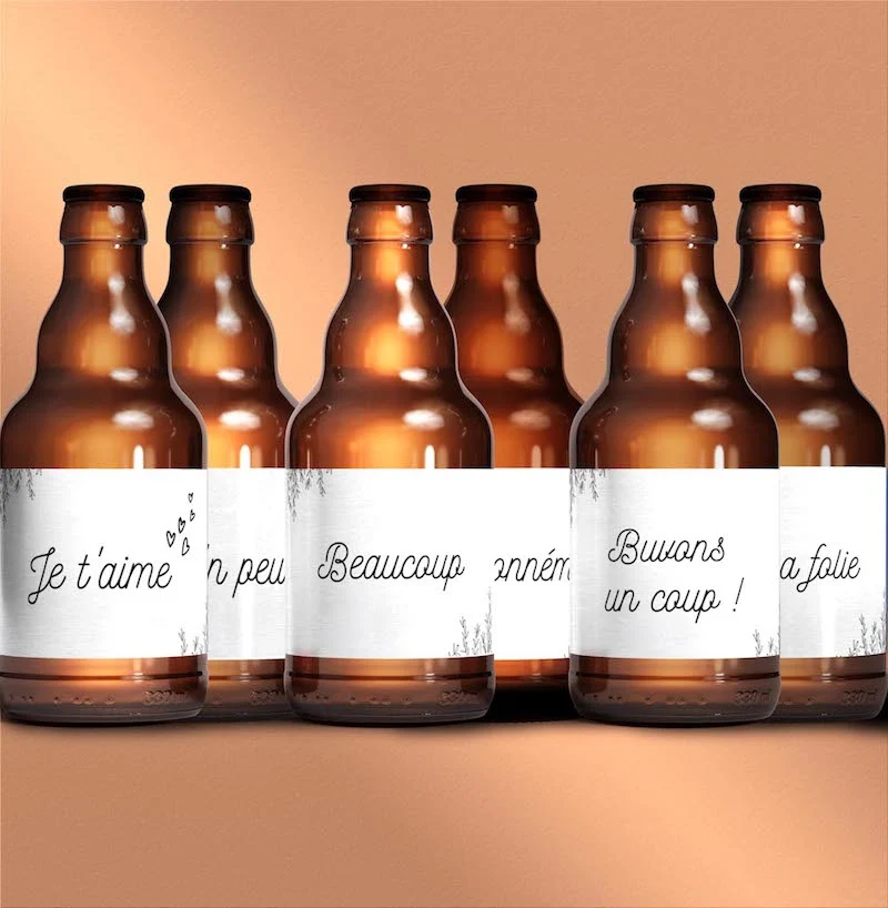 Coffret bière 6 bouteilles multi-design : Je t'aime, un peu, beaucoup, à la folie, buvons un coup !