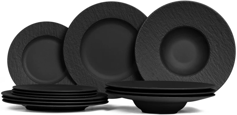 Service de vaisselle Villeroy & Boch Manufacture Rock - Noir - 12 pièces / 4 personnes - 4 Assiette plates, 4 assiettes à petit-déjeuner en 4 assiettes creuses
