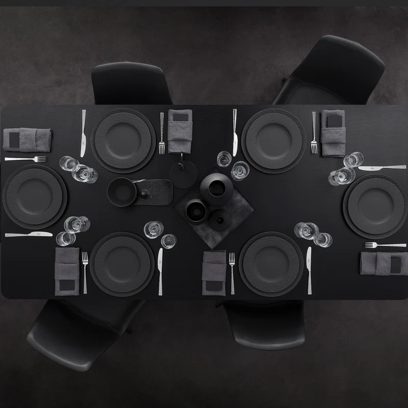 Service de vaisselle Villeroy & Boch Manufacture Rock - Noir - 12 pièces / 4 personnes - 4 Assiette plates, 4 assiettes à petit-déjeuner en 4 assiettes creuses