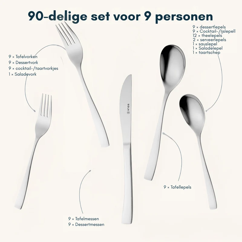 Ensemble de couverts Sola Sevilla - inox 18/0 - 90 Pièces / 9 Personnes