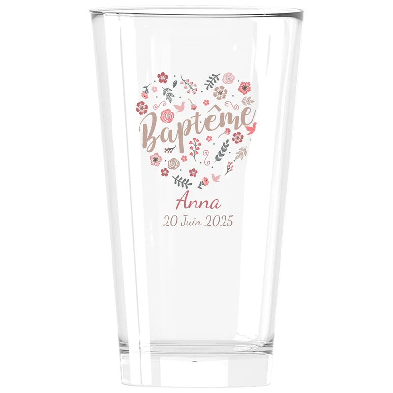Verre à bière personnalisé Pinte en verre - Baptême Fleuri