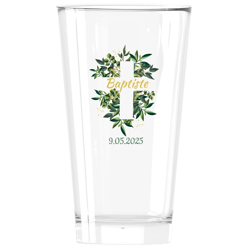 Verre à bière personnalisé Pinte en verre - Baptême Croix & Feuilles