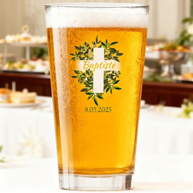 Verre à bière personnalisé Pinte en verre - Baptême Croix & Feuilles
