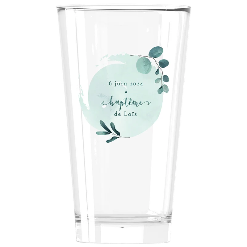 Verre à bière personnalisé Pinte en verre - Baptême Bleu & Feuilles