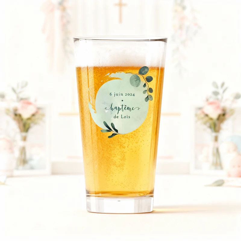 Verre à bière personnalisé Pinte en verre - Baptême Bleu & Feuilles
