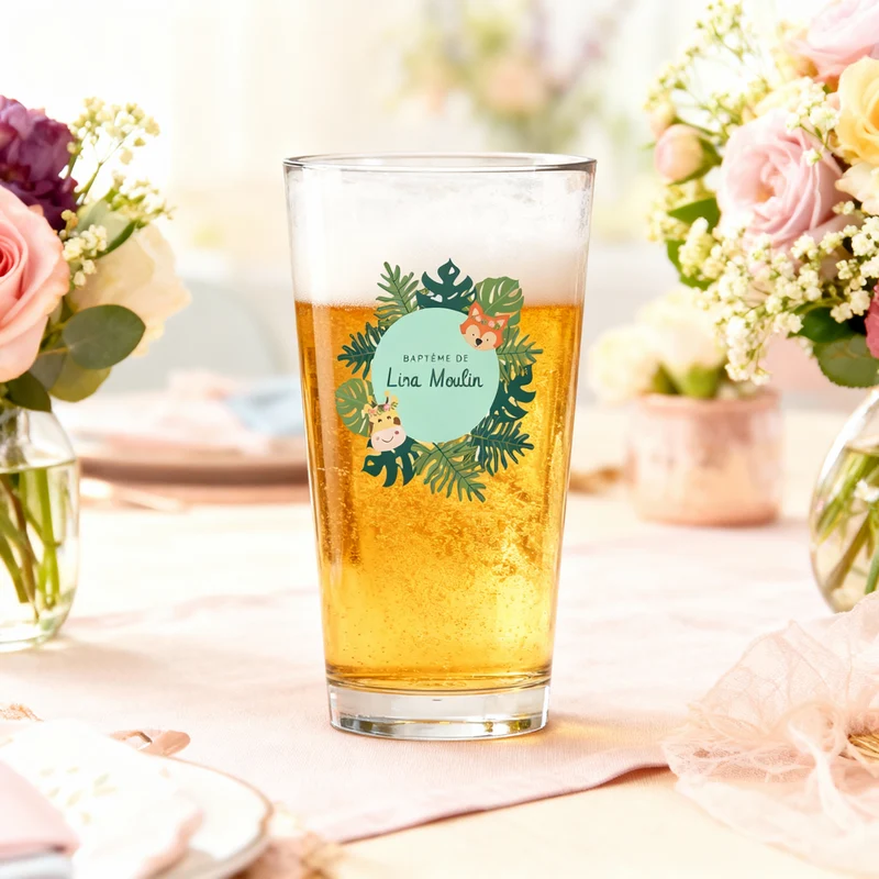 Verre à bière personnalisé Pinte en verre - Baptême Tropical