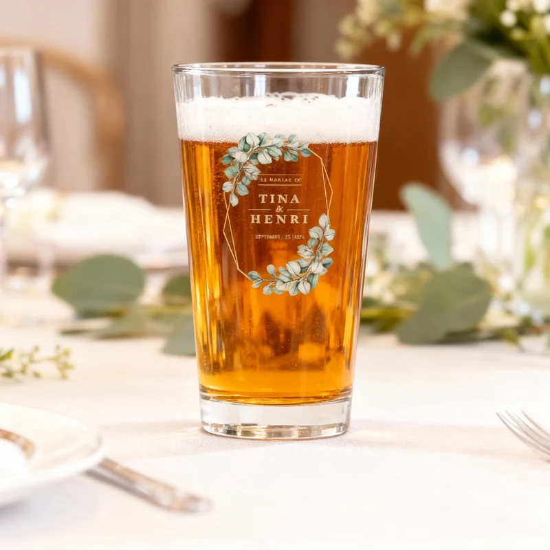 Verre à bière personnalisé Pinte en verre - Mariage Vert & Doré