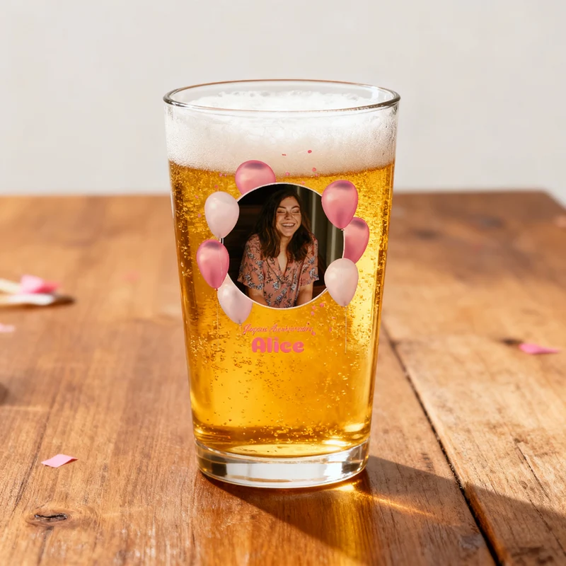 Verre à bière personnalisé Pinte en verre - Anniversaire Photo & Ballons Roses