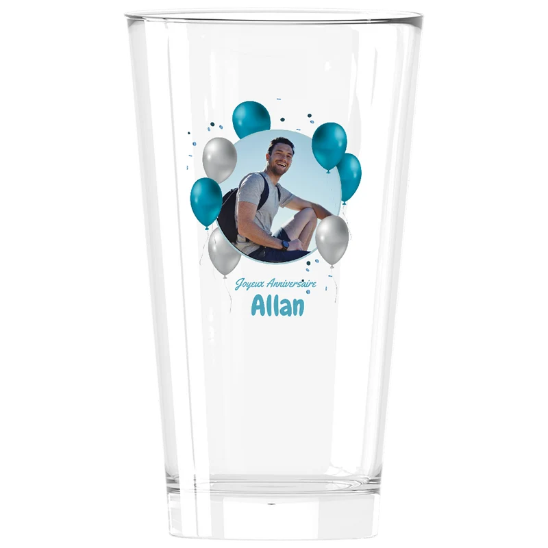 Verre à bière personnalisé Pinte en verre - Anniversaire Photo & Ballons Bleus