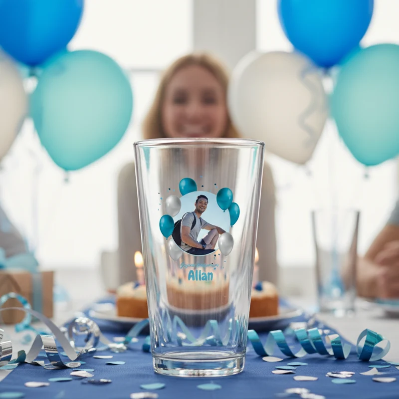 Verre à bière personnalisé Pinte en verre - Anniversaire Photo & Ballons Bleus