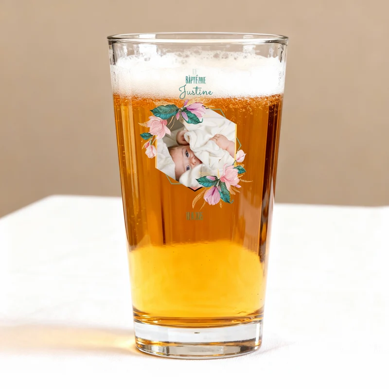 Verre à bière personnalisé Pinte en verre - Baptême Rose & Bleu