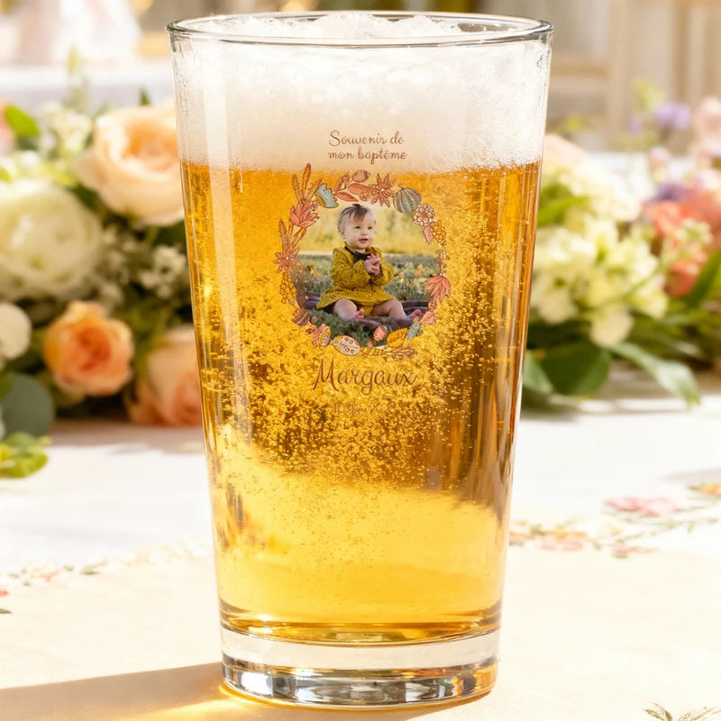 Verre à bière personnalisé Pinte en verre - Baptême Couronne Rose