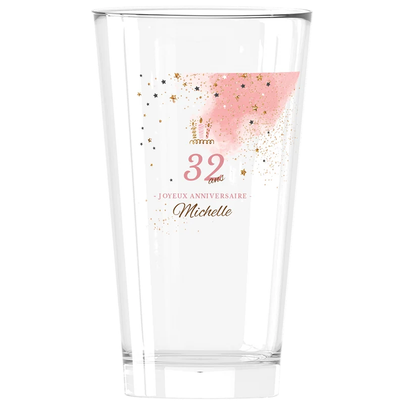 Verre à bière personnalisé Pinte en verre - Anniversaire Rose & Doré