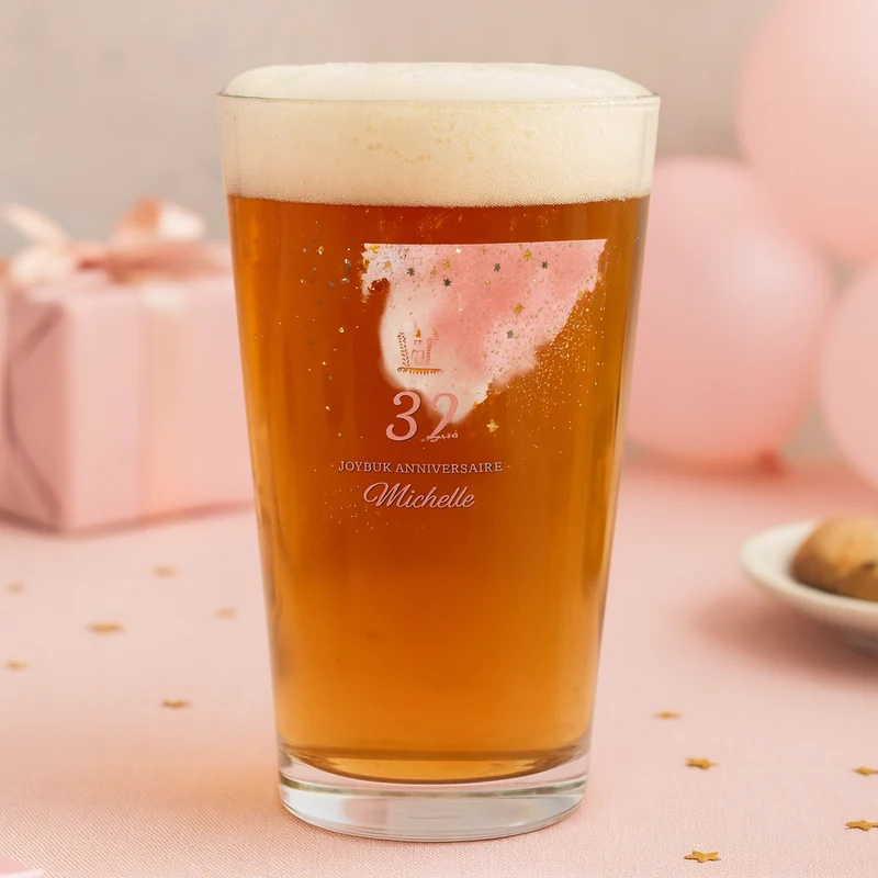 Verre à bière personnalisé Pinte en verre - Anniversaire Rose & Doré