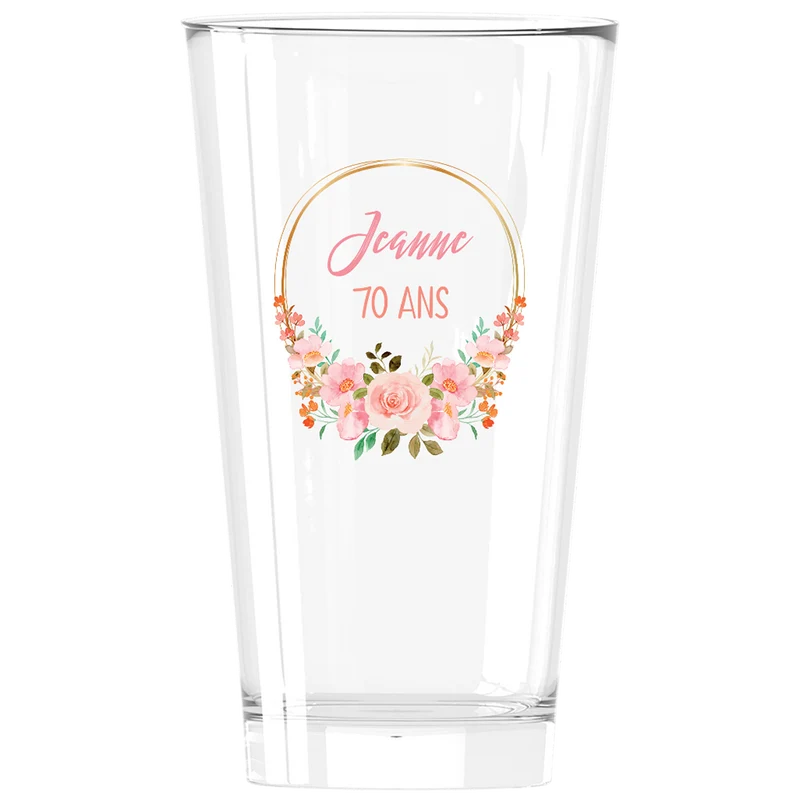 Verre à bière personnalisé Pinte en verre - Anniversaire Couronne Fleurs