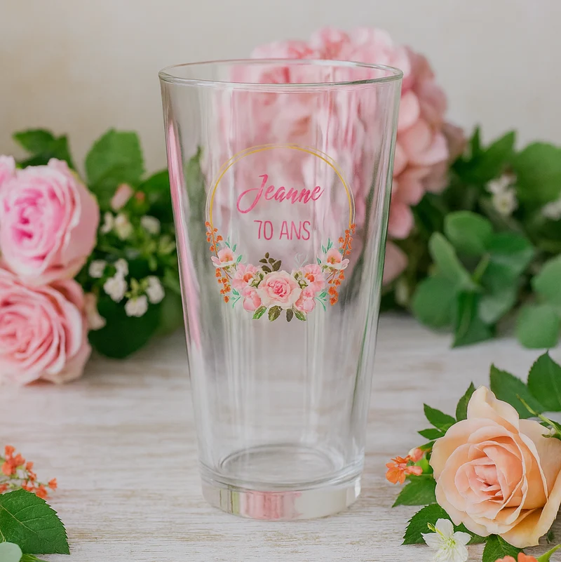 Verre à bière personnalisé Pinte en verre - Anniversaire Couronne Fleurs