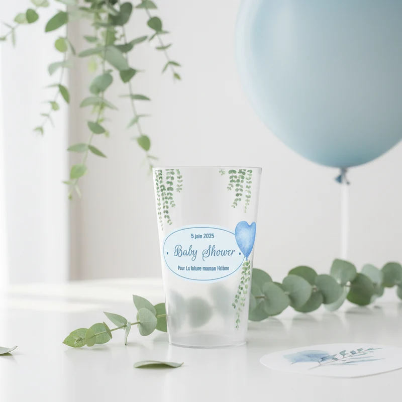 Gobelet personnalisé Baby Shower Eucalyptus & Bleu