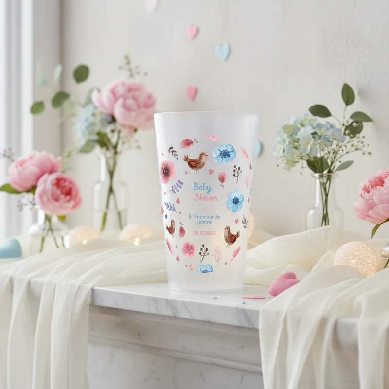 Gobelet personnalisé Baby Shower Fleurs Roses et Bleues