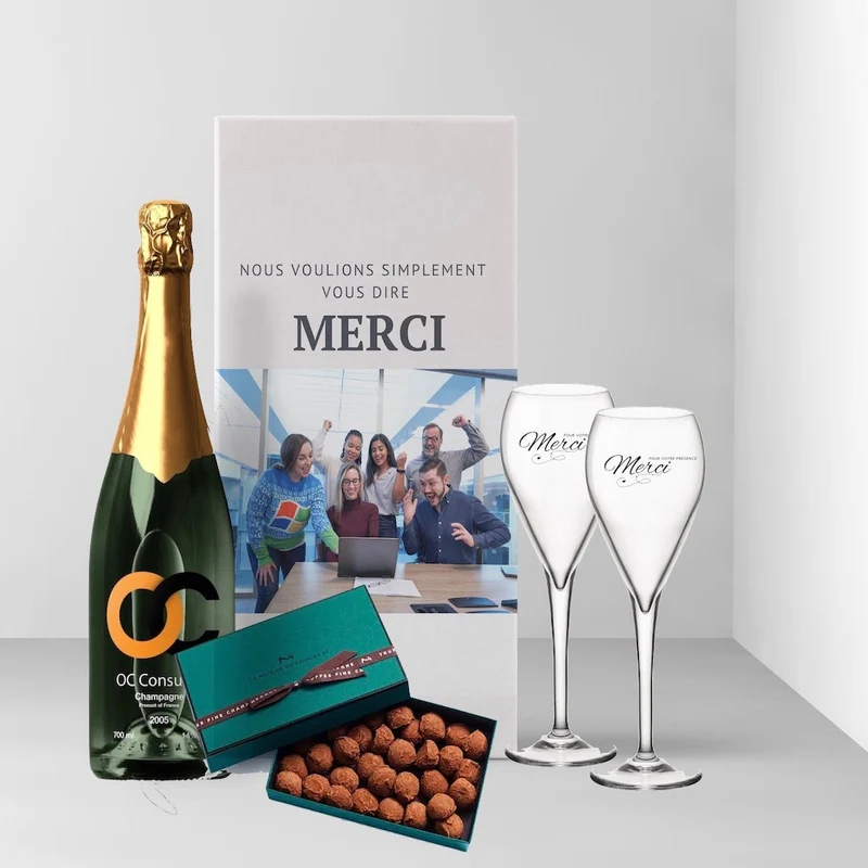 Coffret cadeau champagne 2 flûtes et ballotin de chocolat - pour professionnels