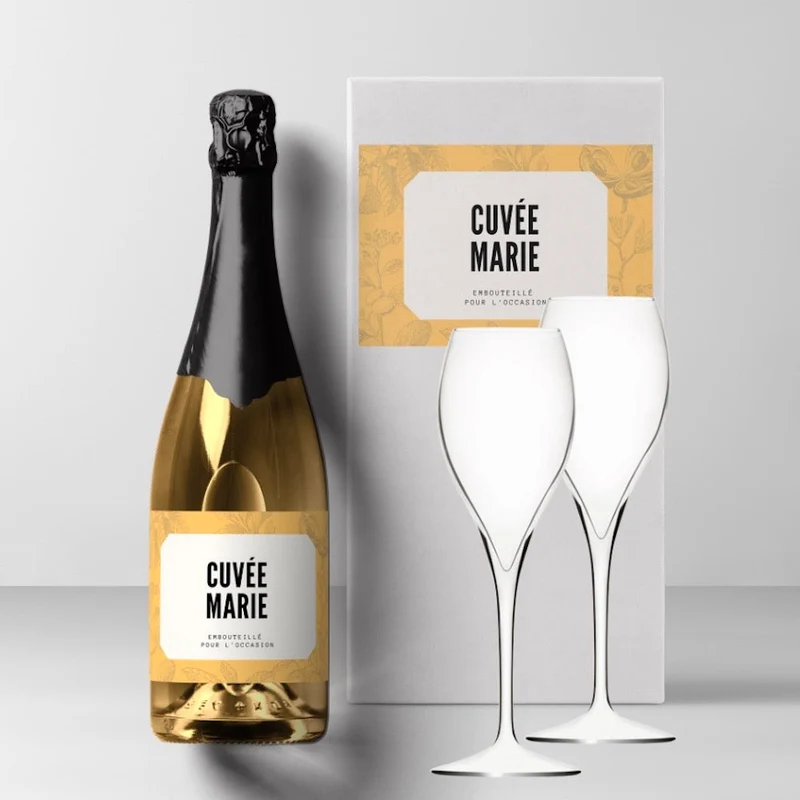 Coffret 1 bouteille champagne personnalisé et 2 flûtes