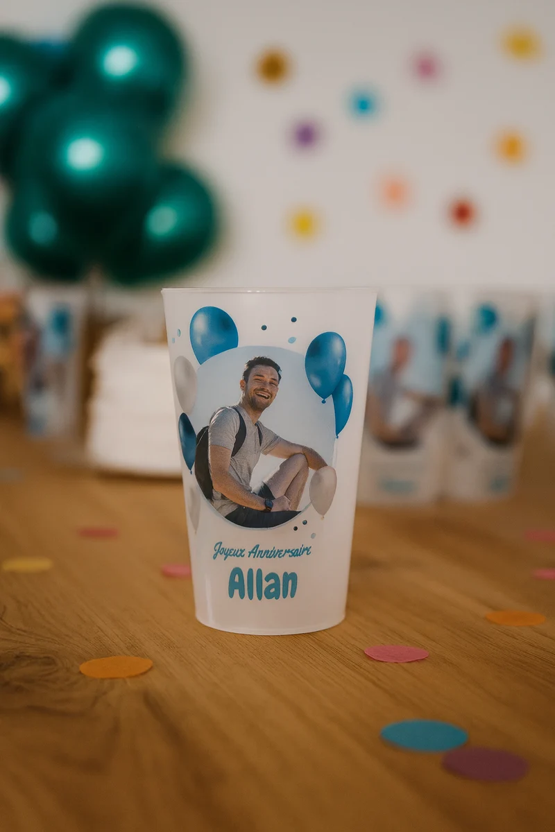 Gobelet personnalisé Anniversaire Photo & Ballons Bleus