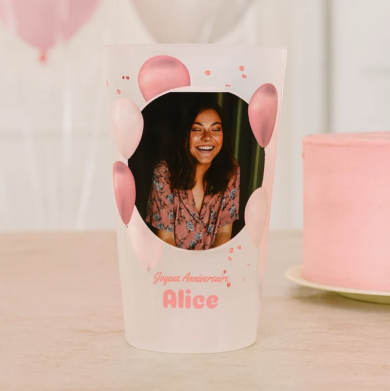 Gobelet personnalisé Anniversaire Photo & Ballons Roses