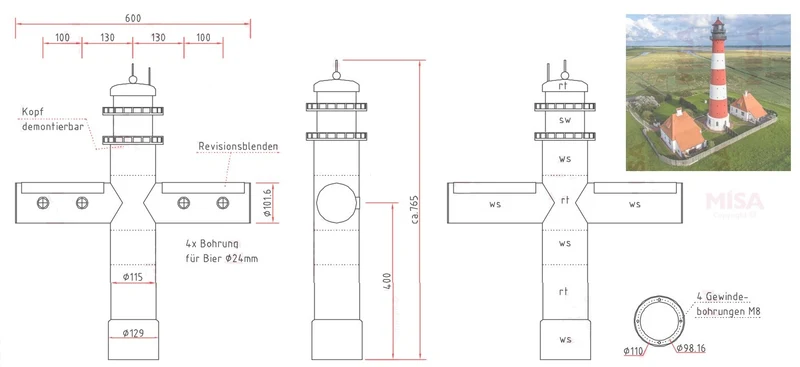 Schanksäule Leuchtturm | Rot-Weiß | Metall | 2 oder 4 Zapfhähne