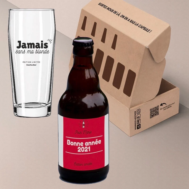 Coffret bière Bonne année avec année personnalisée avec ou sans verre