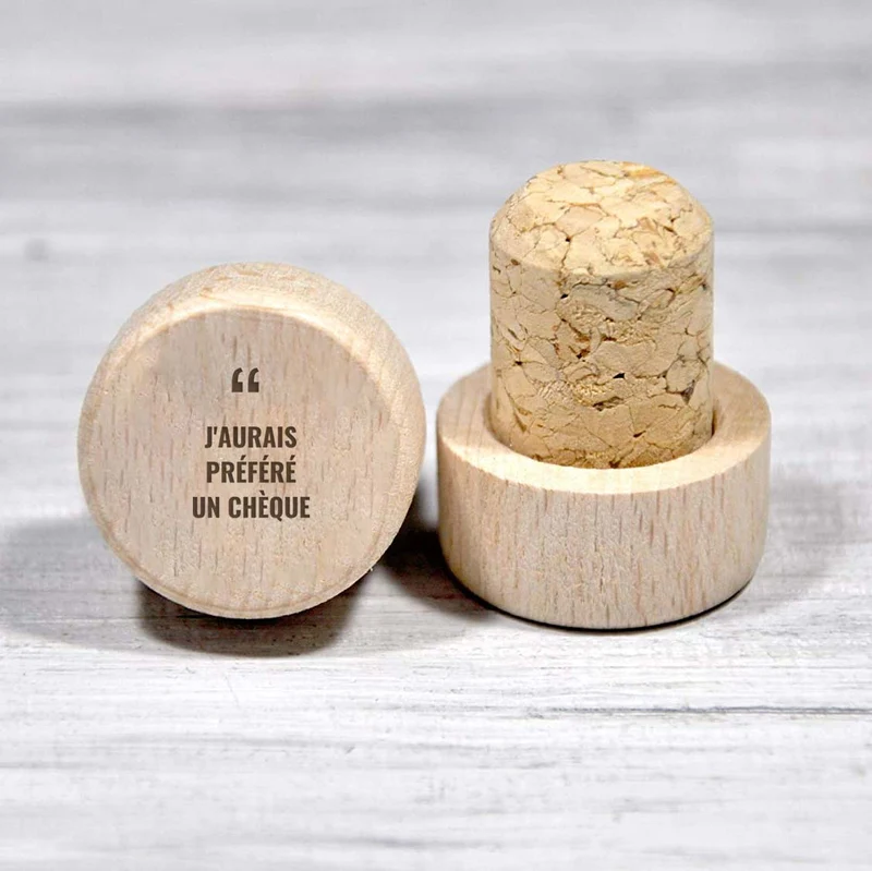 Bouchon personnalisé en liège et bois - J'aurais préféré un chèque