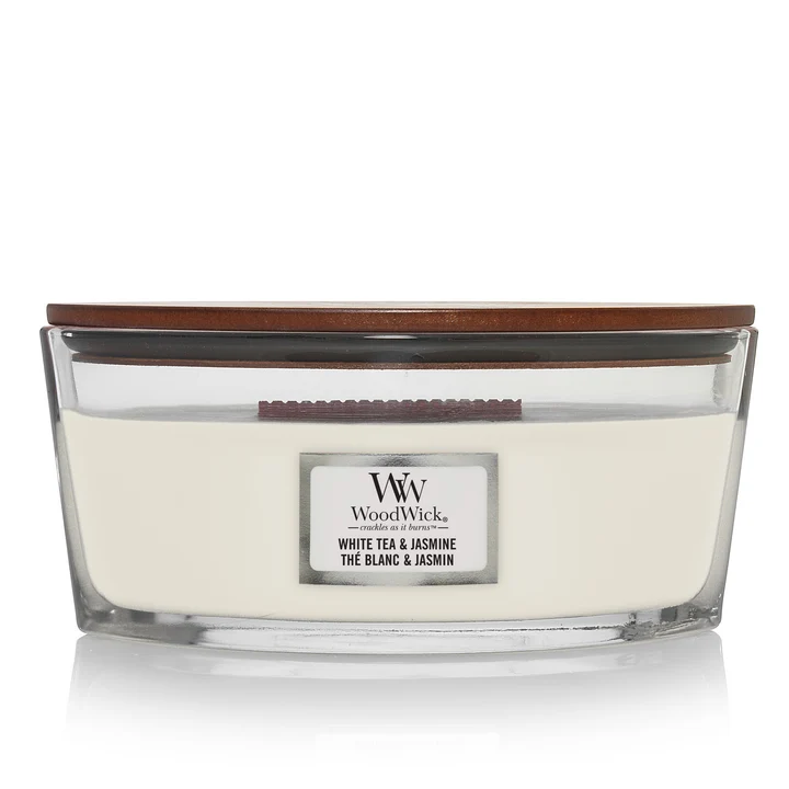 Bougie parfumée WoodWick - Bougie en verre - Thé Blanc & Jasmin - 9 cm / 19 cm