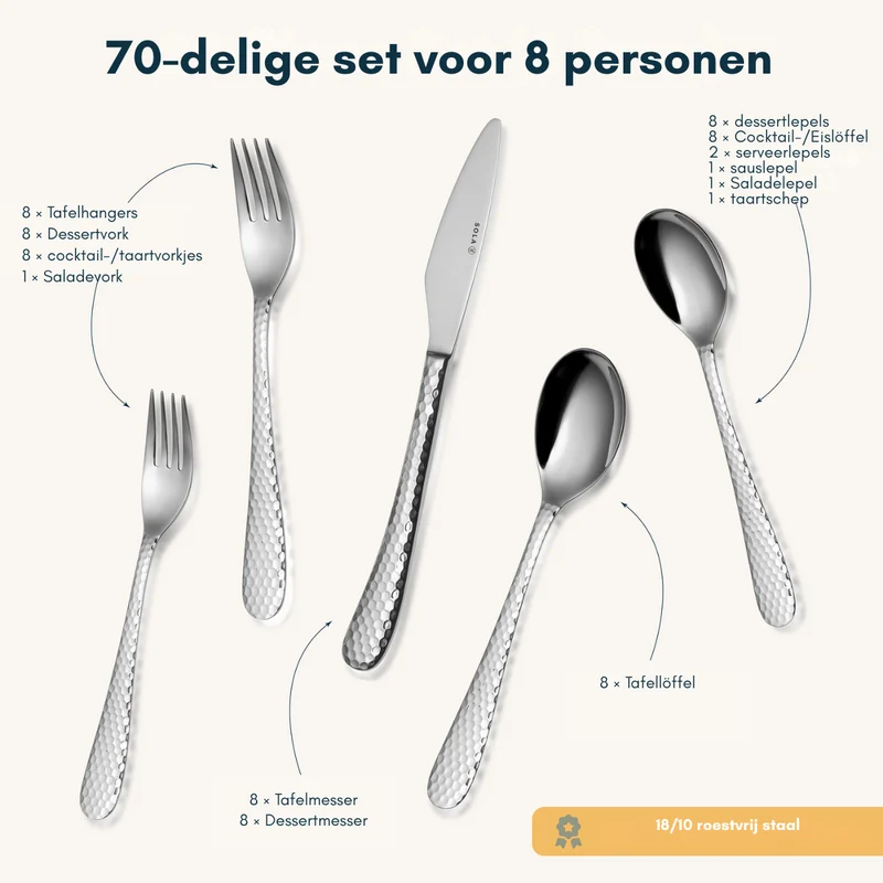 Ensemble de couverts Sola - Inox 18/10 - Lima - 8 personnes - 70 pièces
