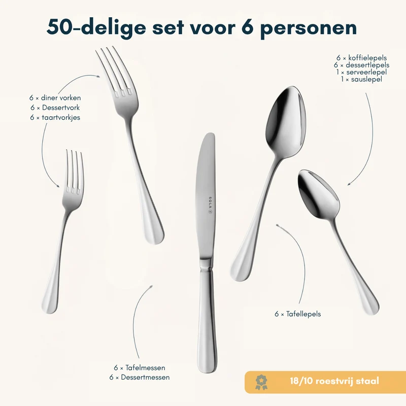 Ensemble de couverts Sola - Ménagère - Hollands Glad - 6 personnes - 50 pièces