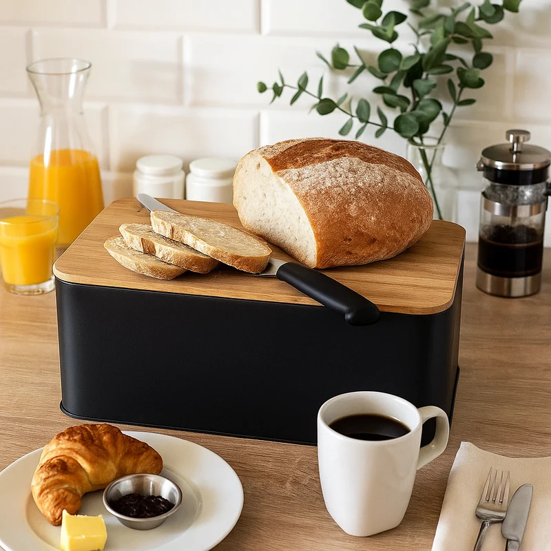 Boîte à pain Cookinglife - avec planche - en acier et bois - noir mat