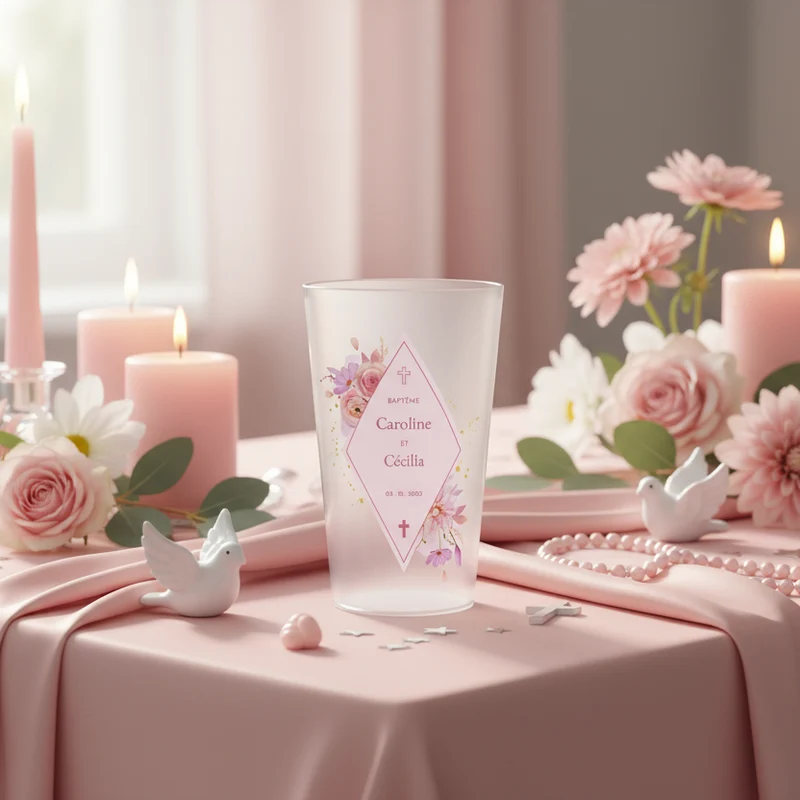 Gobelet personnalisé Baptême Losange Rose