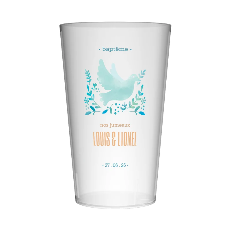 Gobelet personnalisé Baptême Colombe Jumeaux