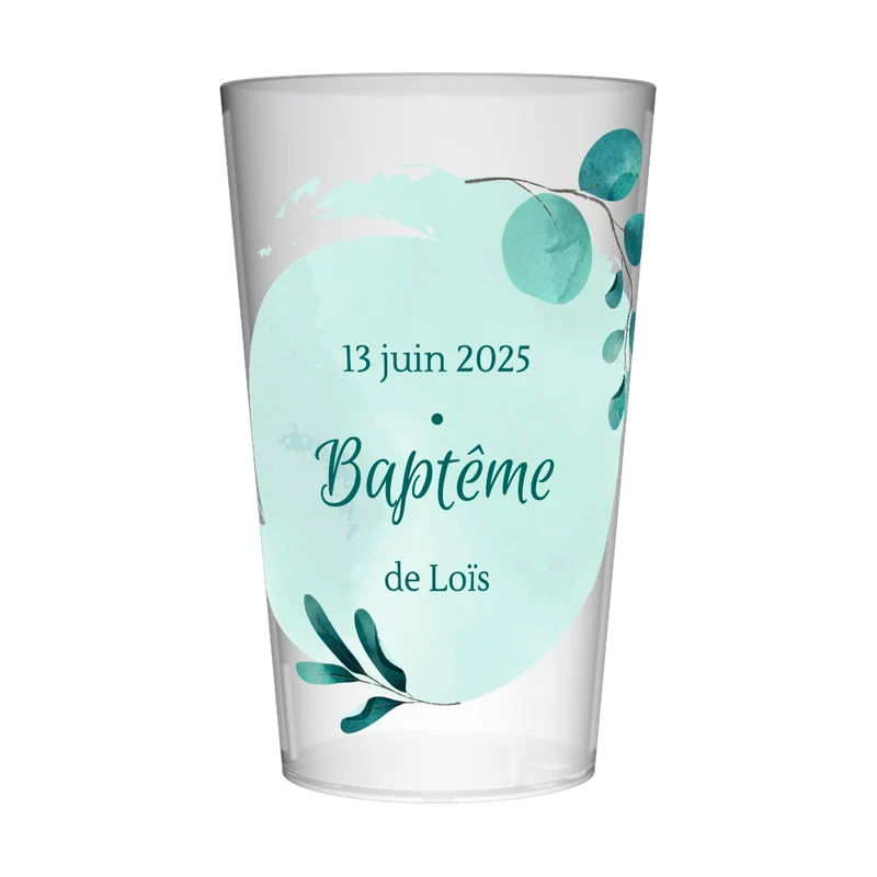 Gobelet personnalisé Baptême Bleu & Feuilles