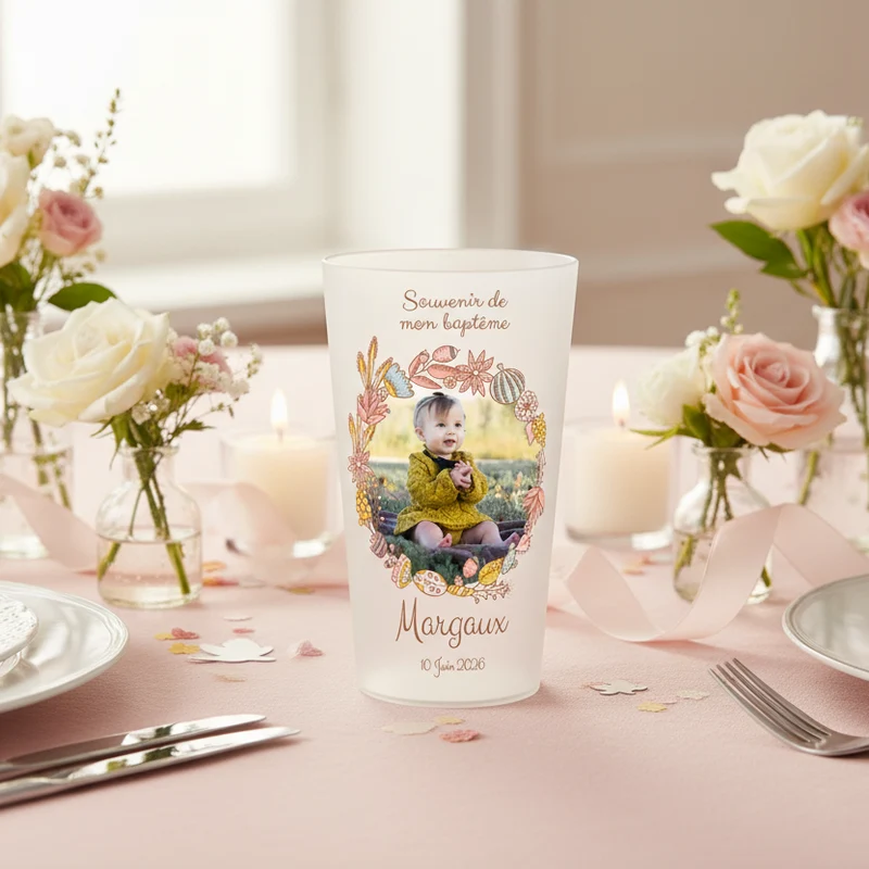 Gobelet personnalisé Baptême Couronne Rose